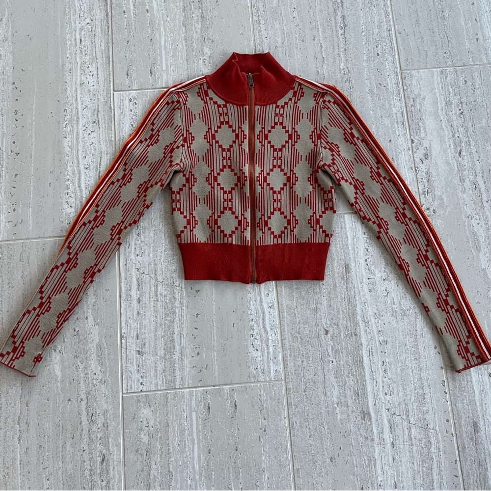 BDG Red and Cream Zip-Up Patterned Cropped Cardigan